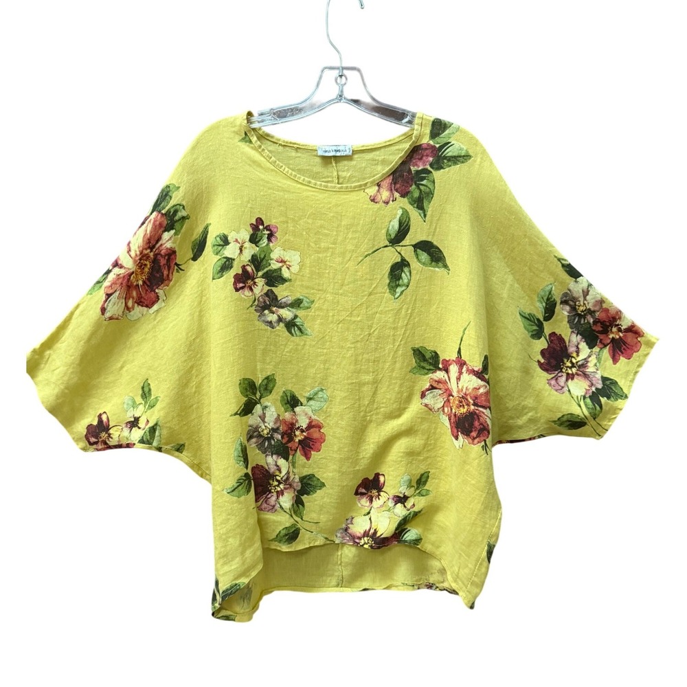 Lagenlook Nina Kendosa Paris Yellow Floral 100% Linen Boxy Top Made in Italy - Picture 2 of 9